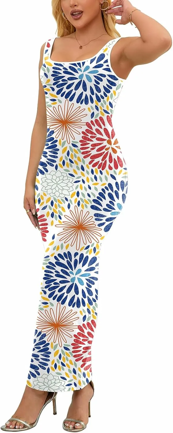 PINSV Women's Sexy Sleeveless Bodycon Tank Dress U Neck Halter Wrap Long Maxi Dresses Casual Party Beach Sundresses