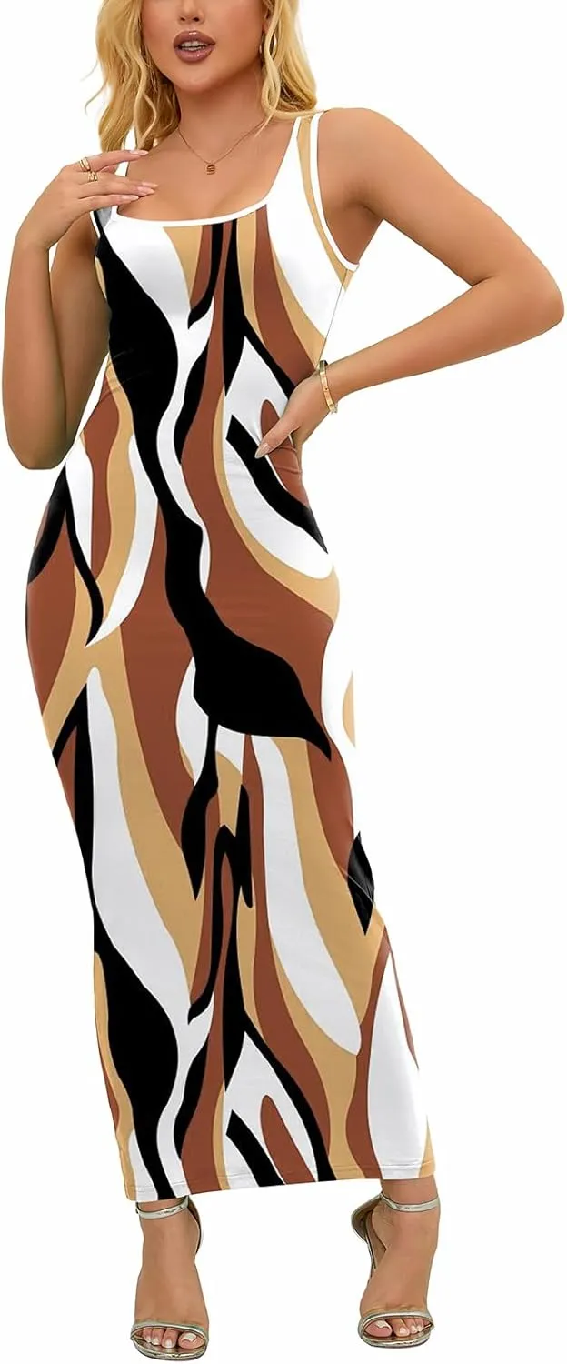 PINSV Women's Sexy Sleeveless Bodycon Tank Dress U Neck Halter Wrap Long Maxi Dresses Casual Party Beach Sundresses