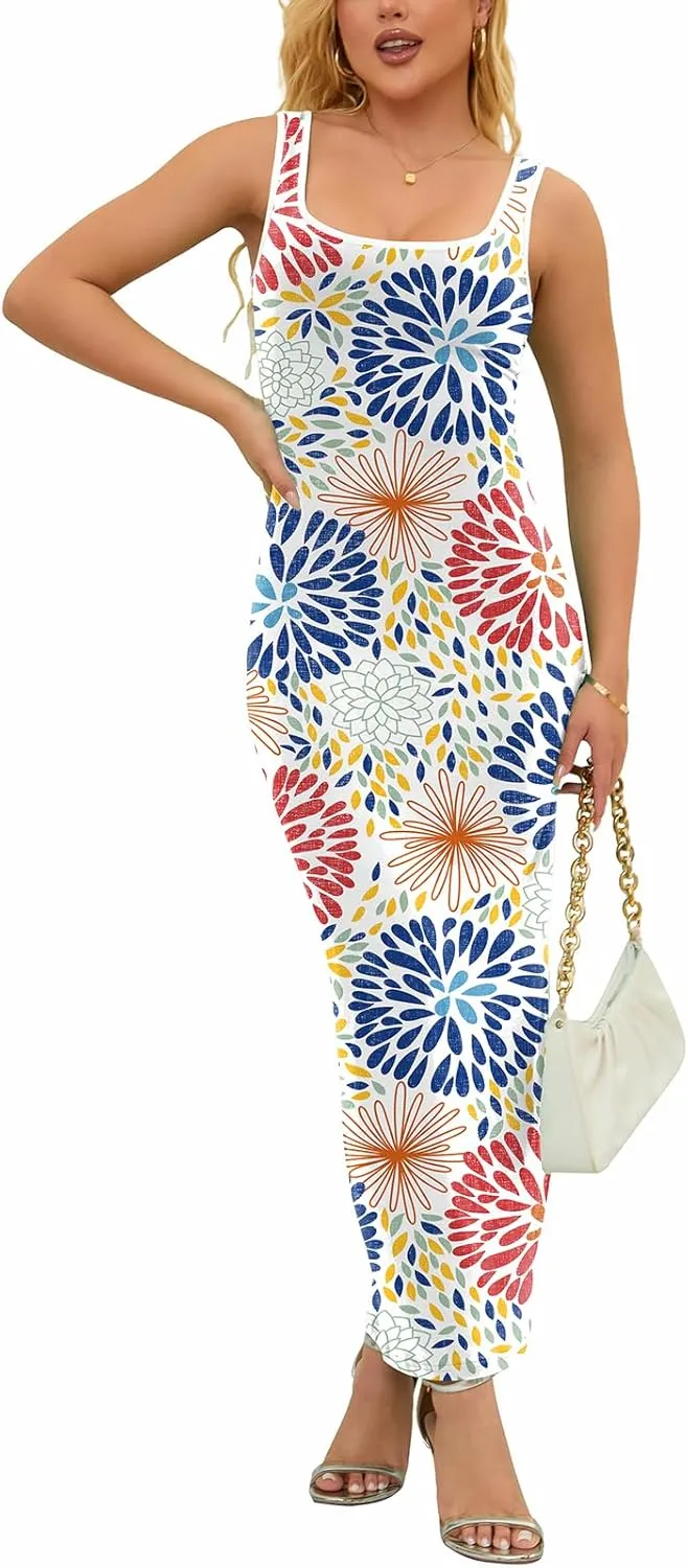 PINSV Women's Sexy Sleeveless Bodycon Tank Dress U Neck Halter Wrap Long Maxi Dresses Casual Party Beach Sundresses