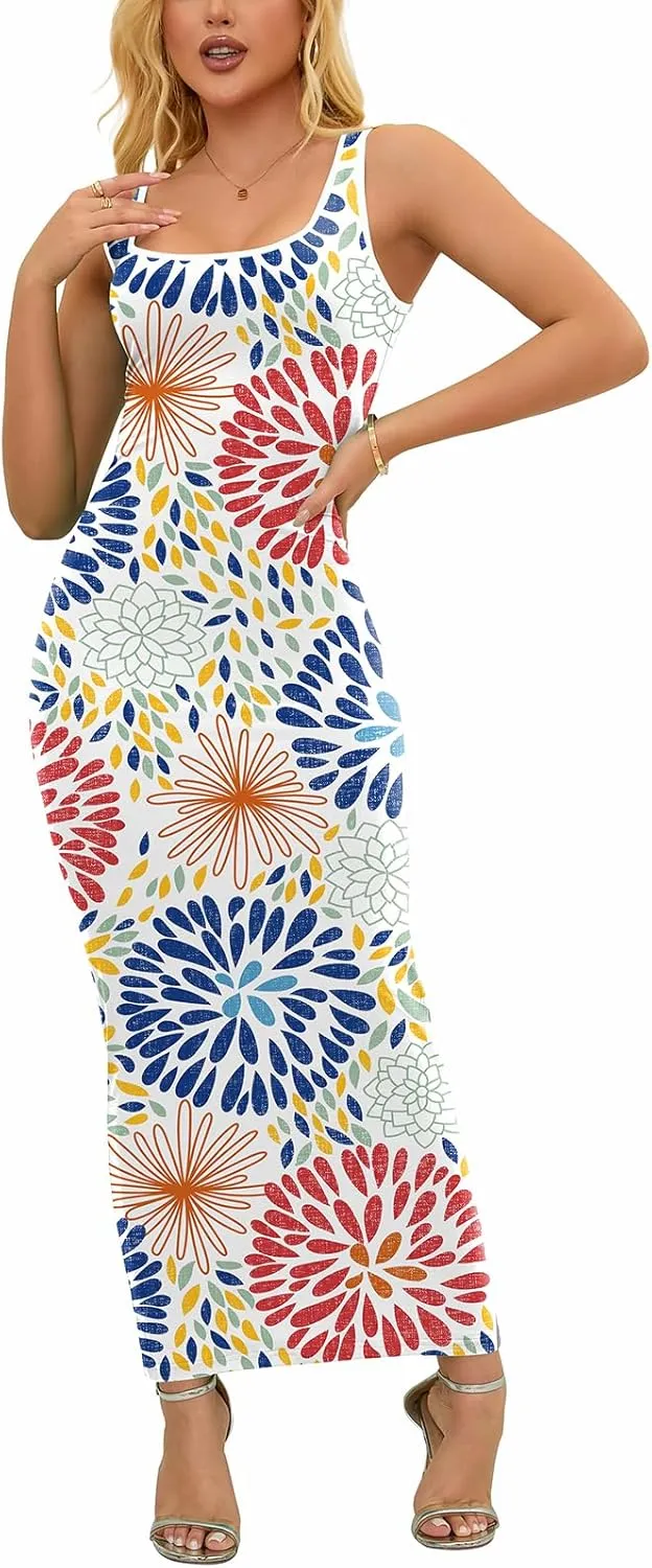 PINSV Women's Sexy Sleeveless Bodycon Tank Dress U Neck Halter Wrap Long Maxi Dresses Casual Party Beach Sundresses