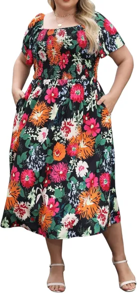 Plus Size Floral Maxi Dress for Curvy Women Boho Smocked Casual Wedding Guest Flutter Sleeves with Pockets ELG005