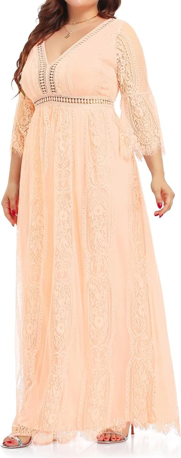 Plus Size Wedding Dress Boho - Maxi Bridal Shower Bohemian Formal Lace Long Dresses