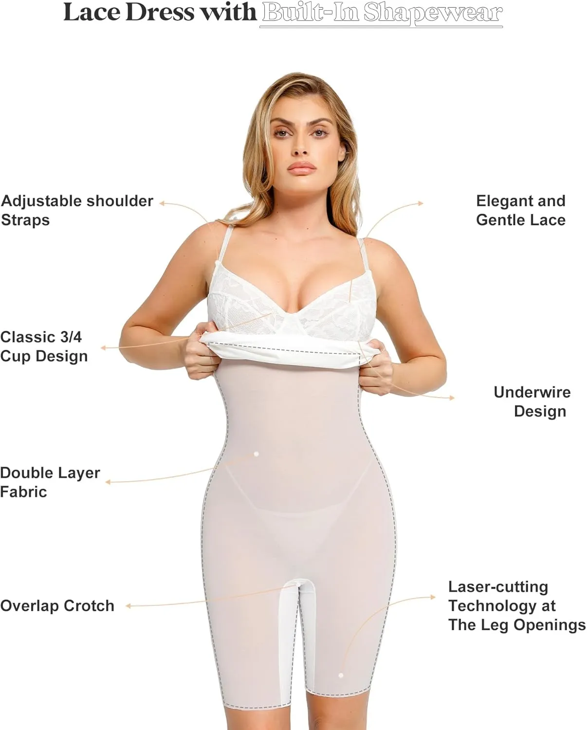 Popilush Lace Midi Dress Shapewear Dresses for Women V-Neck Slip Adjustable Straps Bodycon Slip with Underwire