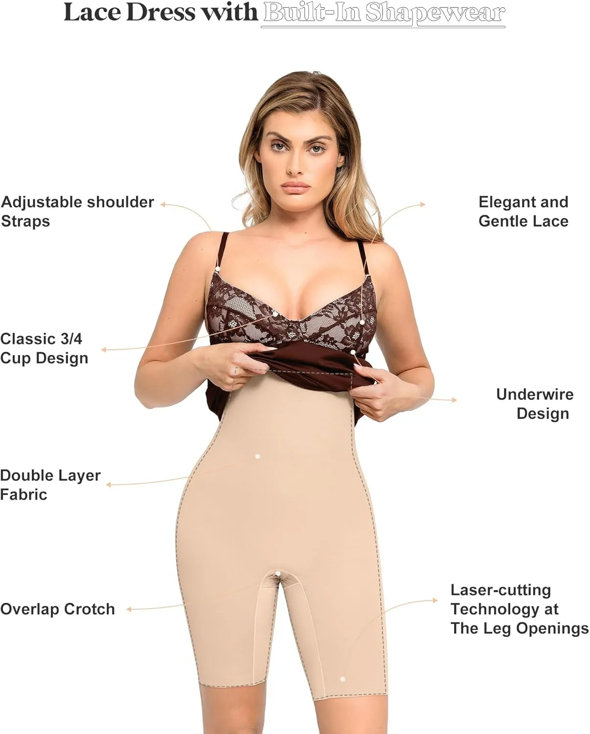 Popilush Lace Midi Dress Shapewear Dresses for Women V-Neck Slip Adjustable Straps Bodycon Slip with Underwire