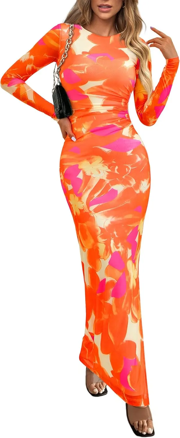 PRETTYGARDEN Women's Bodycon Maxi Dress Fall Spring Fashion Long Sleeve Floral Print Tight Fitted Party Club Ruched Dresses