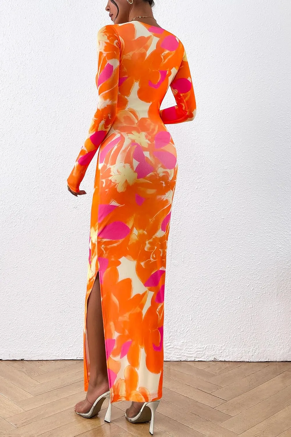 PRETTYGARDEN Women's Bodycon Maxi Dress Fall Spring Fashion Long Sleeve Floral Print Tight Fitted Party Club Ruched Dresses