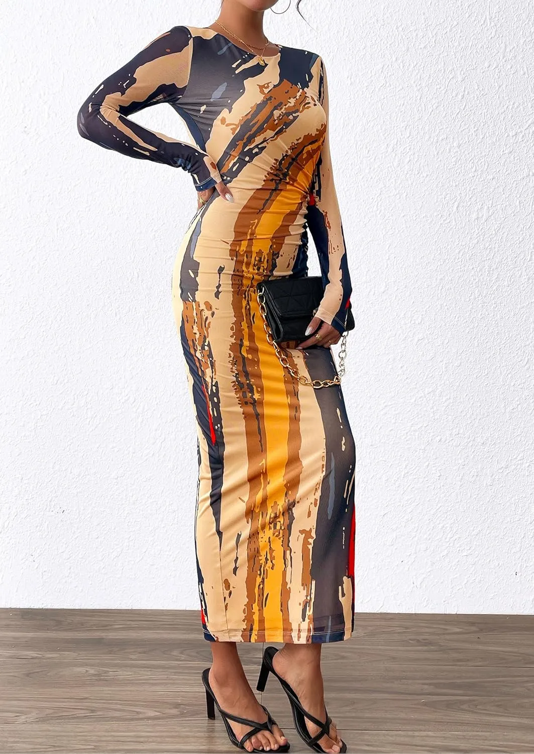 PRETTYGARDEN Women's Bodycon Maxi Dress Fall Spring Fashion Long Sleeve Floral Print Tight Fitted Party Club Ruched Dresses