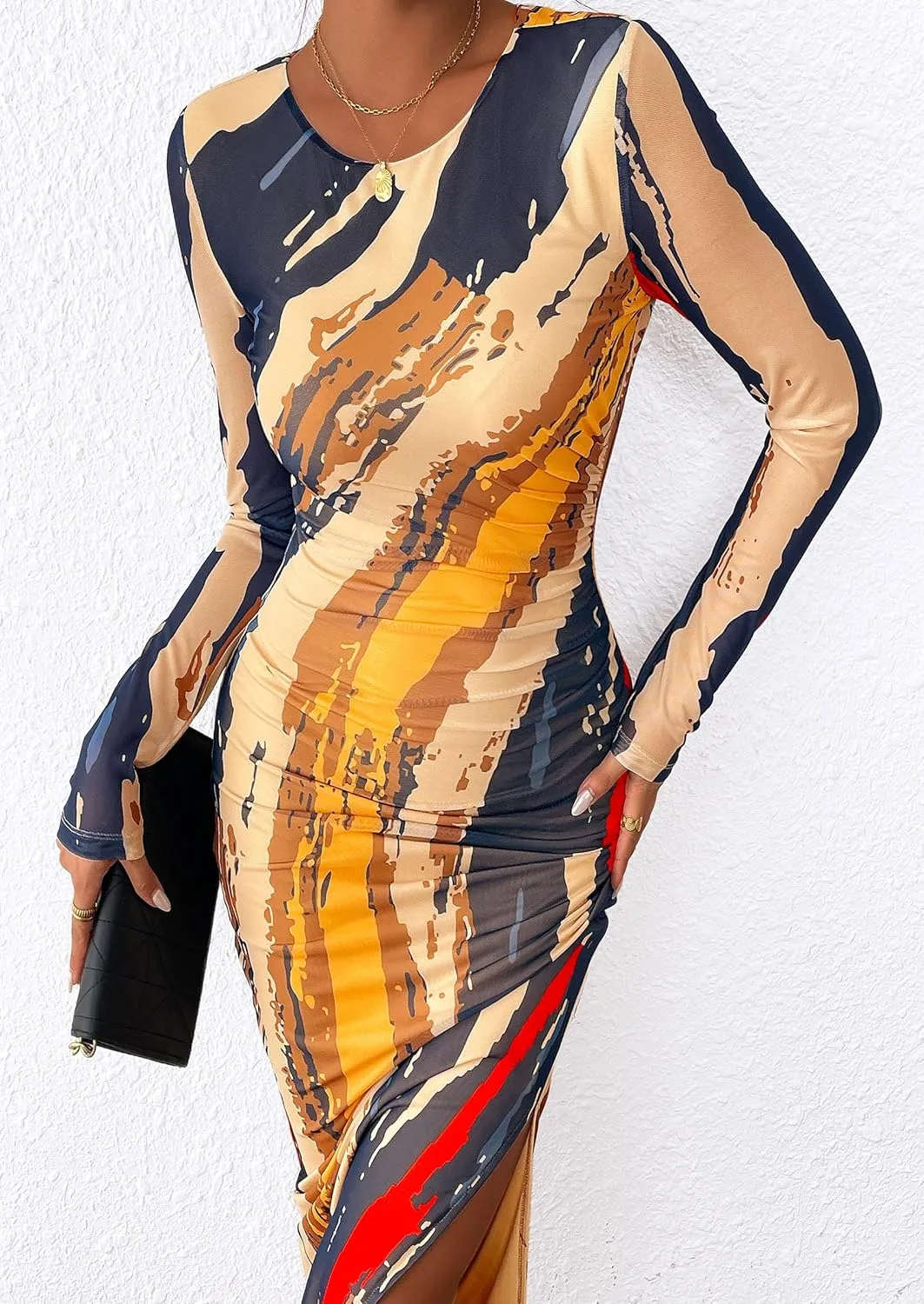 PRETTYGARDEN Women's Bodycon Maxi Dress Fall Spring Fashion Long Sleeve Floral Print Tight Fitted Party Club Ruched Dresses