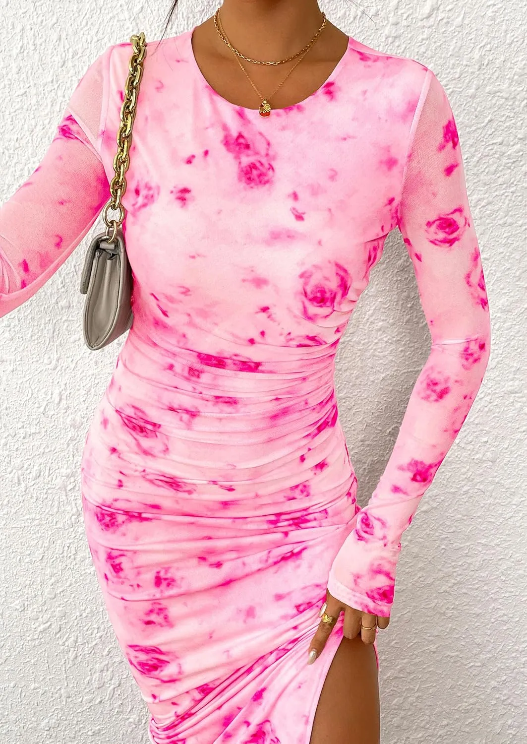 PRETTYGARDEN Women's Bodycon Maxi Dress Fall Spring Fashion Long Sleeve Floral Print Tight Fitted Party Club Ruched Dresses