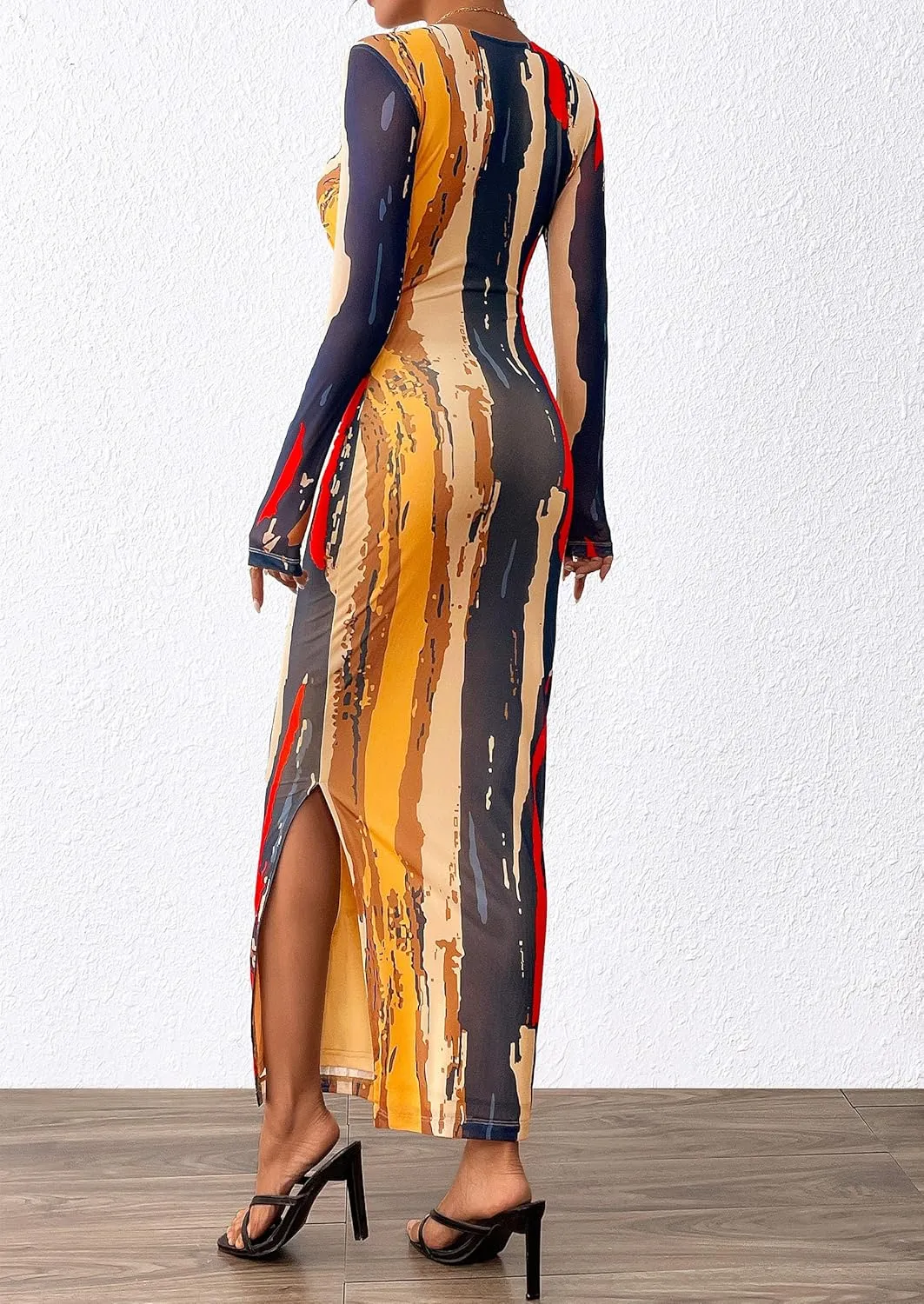 PRETTYGARDEN Women's Bodycon Maxi Dress Fall Spring Fashion Long Sleeve Floral Print Tight Fitted Party Club Ruched Dresses