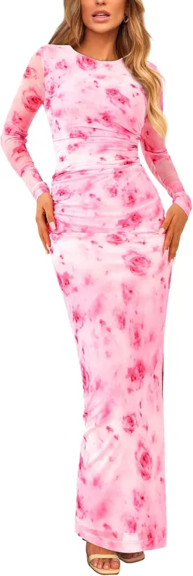 PRETTYGARDEN Women's Bodycon Maxi Dress Fall Spring Fashion Long Sleeve Floral Print Tight Fitted Party Club Ruched Dresses