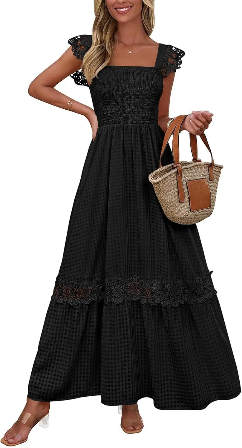 PRETTYGARDEN Women's Smocked Summer Maxi Dresses 2025 Ruffle Cap Sleeve Square Neck Lace Detail Flowy Sundress with Pockets