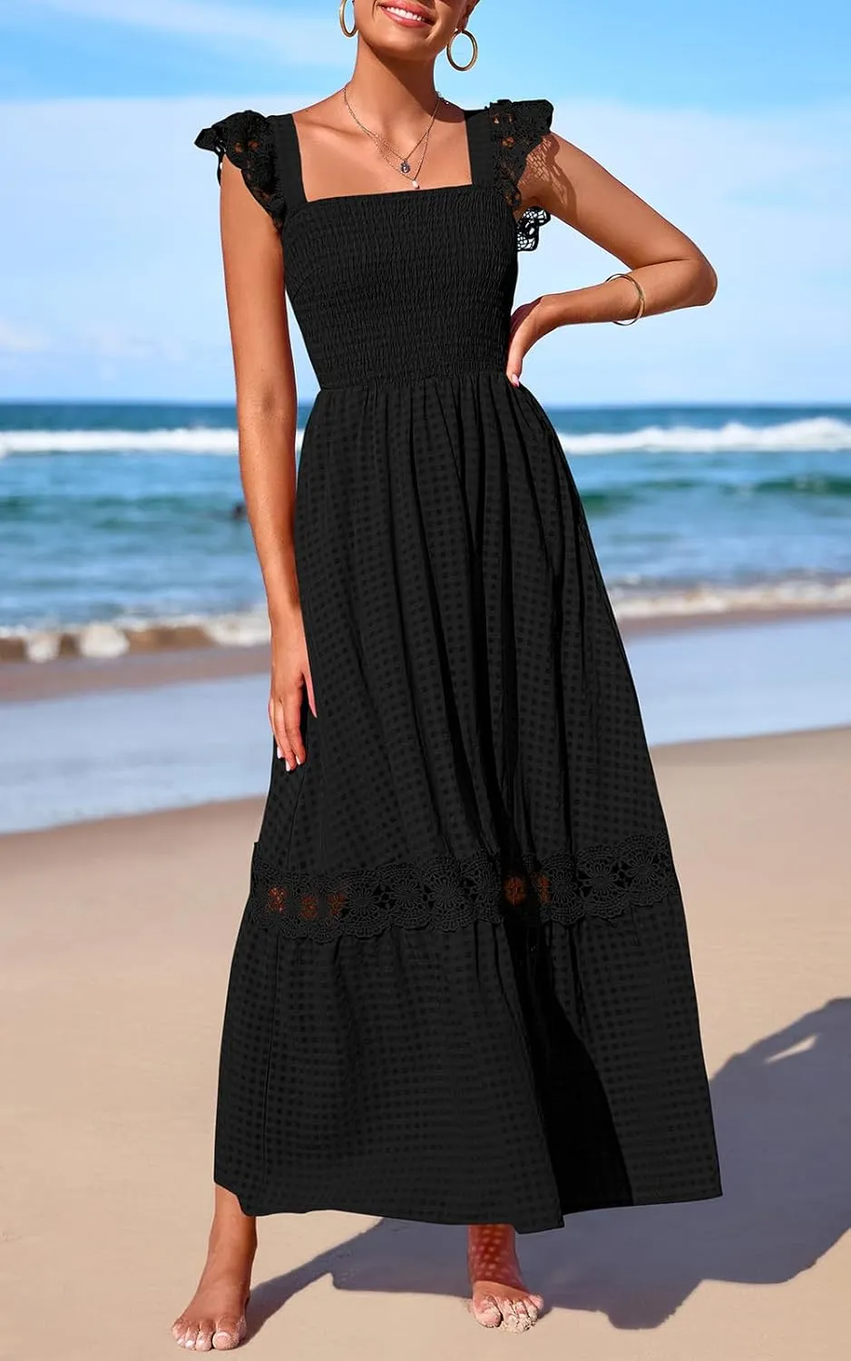 PRETTYGARDEN Women's Smocked Summer Maxi Dresses 2025 Ruffle Cap Sleeve Square Neck Lace Detail Flowy Sundress with Pockets