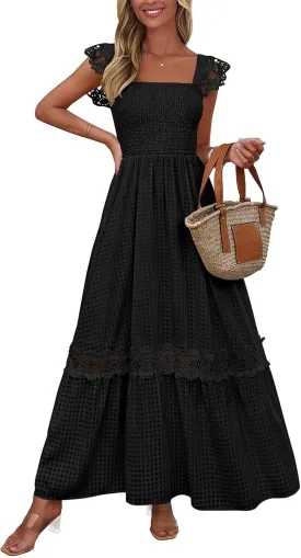 PRETTYGARDEN Women's Smocked Summer Maxi Dresses 2025 Ruffle Cap Sleeve Square Neck Lace Detail Flowy Sundress with Pockets