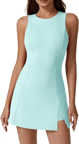 QINSEN Womens Crew Neck Tennis Dress Sleeveless Side Slit Golf Athletic Dress Build in Shorts with Pockets