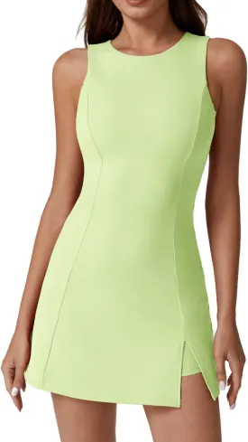 QINSEN Womens Crew Neck Tennis Dress Sleeveless Side Slit Golf Athletic Dress Build in Shorts with Pockets