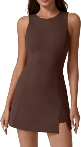 QINSEN Womens Crew Neck Tennis Dress Sleeveless Side Slit Golf Athletic Dress Build in Shorts with Pockets