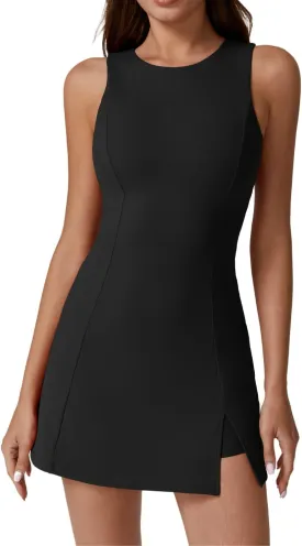 QINSEN Womens Crew Neck Tennis Dress Sleeveless Side Slit Golf Athletic Dress Build in Shorts with Pockets