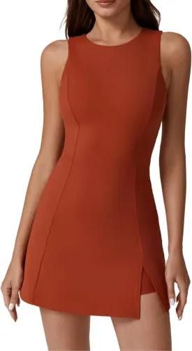 QINSEN Womens Crew Neck Tennis Dress Sleeveless Side Slit Golf Athletic Dress Build in Shorts with Pockets
