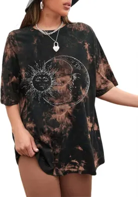 Remidoo Women's Casual Crewneck Short Sleeve Sun and Moon Print Tie Dye Oversized Graphic Top T-Shirt