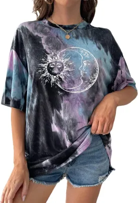 Remidoo Women's Casual Crewneck Short Sleeve Sun and Moon Print Tie Dye Oversized Graphic Top T-Shirt