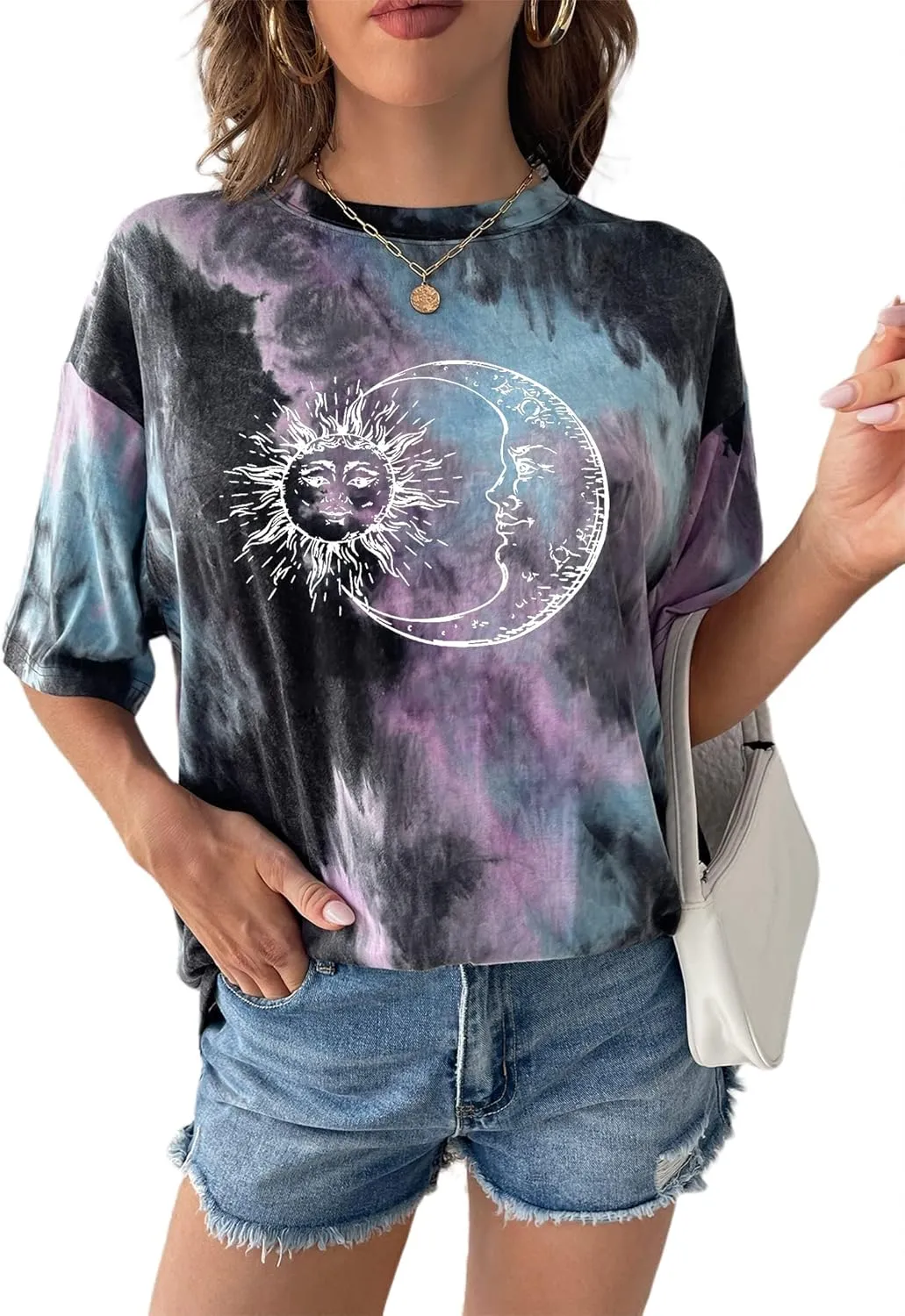 Remidoo Women's Casual Crewneck Short Sleeve Sun and Moon Print Tie Dye Oversized Graphic Top T-Shirt