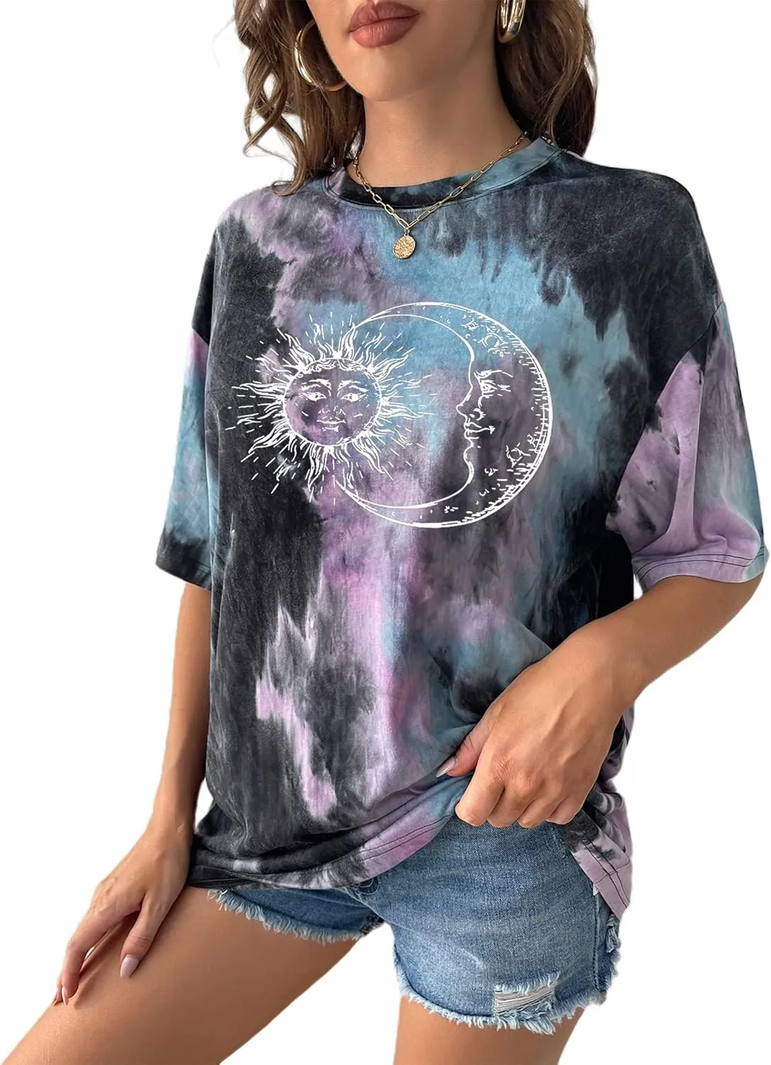 Remidoo Women's Casual Crewneck Short Sleeve Sun and Moon Print Tie Dye Oversized Graphic Top T-Shirt