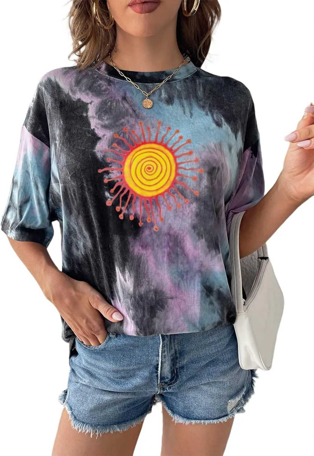 Remidoo Women's Casual Crewneck Short Sleeve Sun and Moon Print Tie Dye Oversized Graphic Top T-Shirt