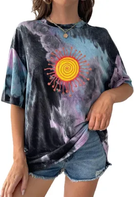 Remidoo Women's Casual Crewneck Short Sleeve Sun and Moon Print Tie Dye Oversized Graphic Top T-Shirt