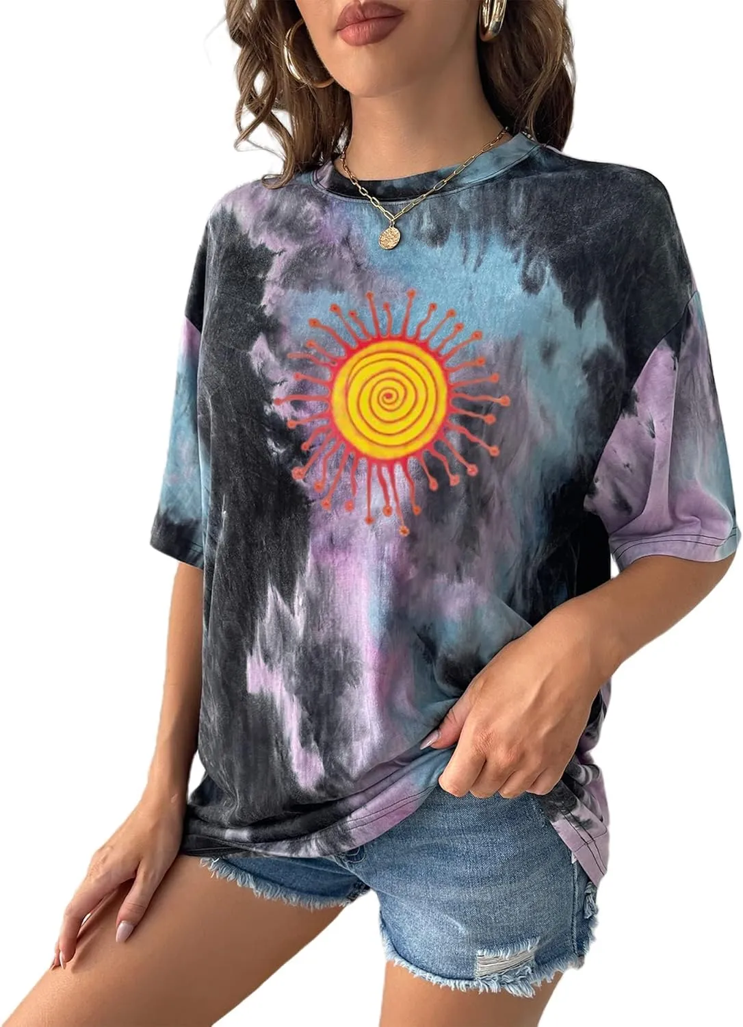 Remidoo Women's Casual Crewneck Short Sleeve Sun and Moon Print Tie Dye Oversized Graphic Top T-Shirt