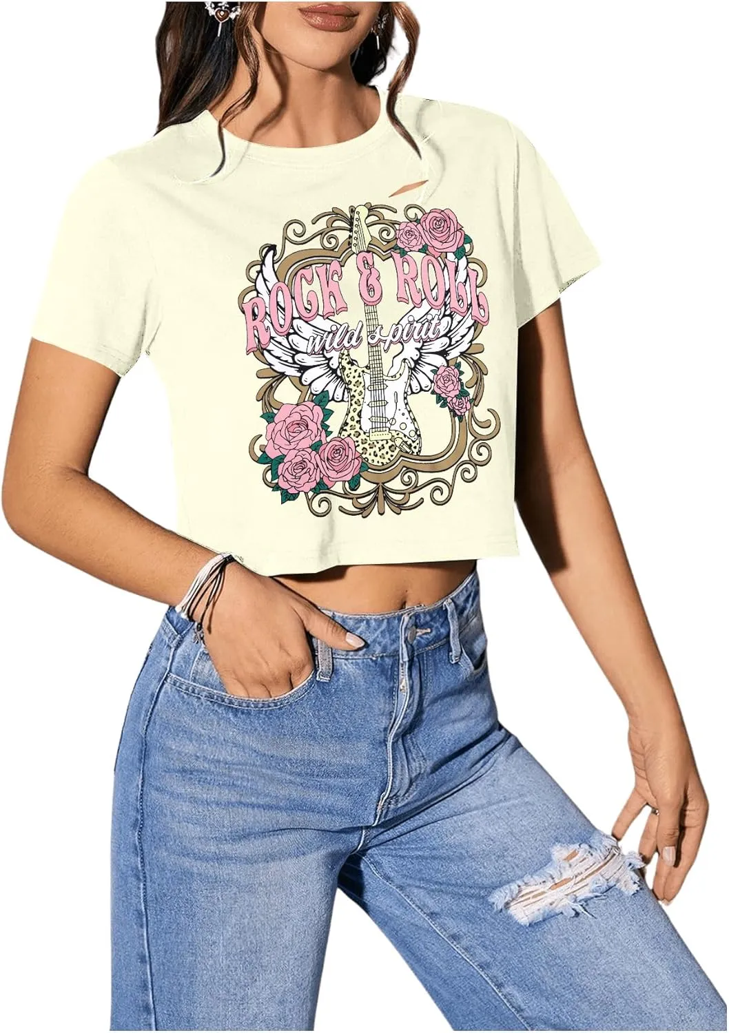 Rock Shirts Rock and Roll Crop Tops for Women Nashville Concert Music Band T Shirt Guitar Finger Graphic Ripped Tee