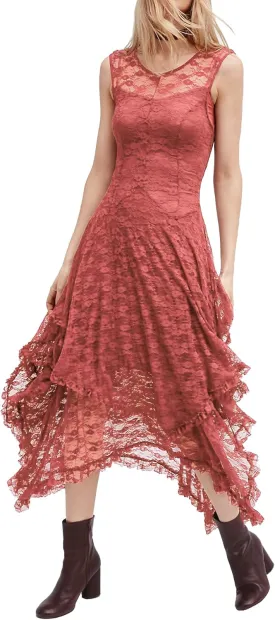 R.Vivimos Womens Sleeveless Backless Asymmetrical Layered Lace Long Dress with Slip Two Pieces