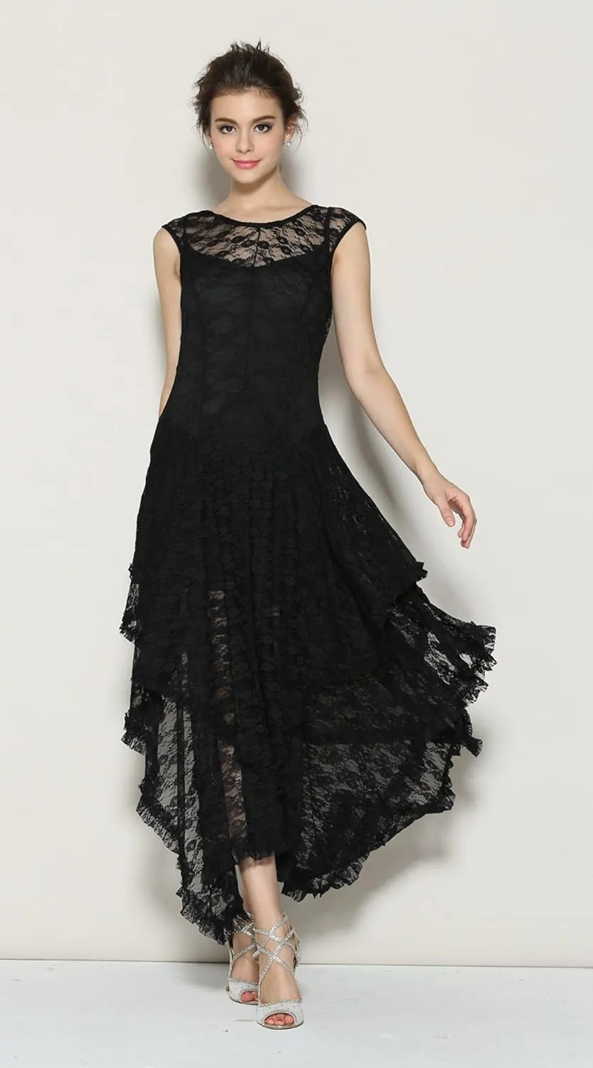 R.Vivimos Womens Sleeveless Backless Asymmetrical Layered Lace Long Dress with Slip Two Pieces