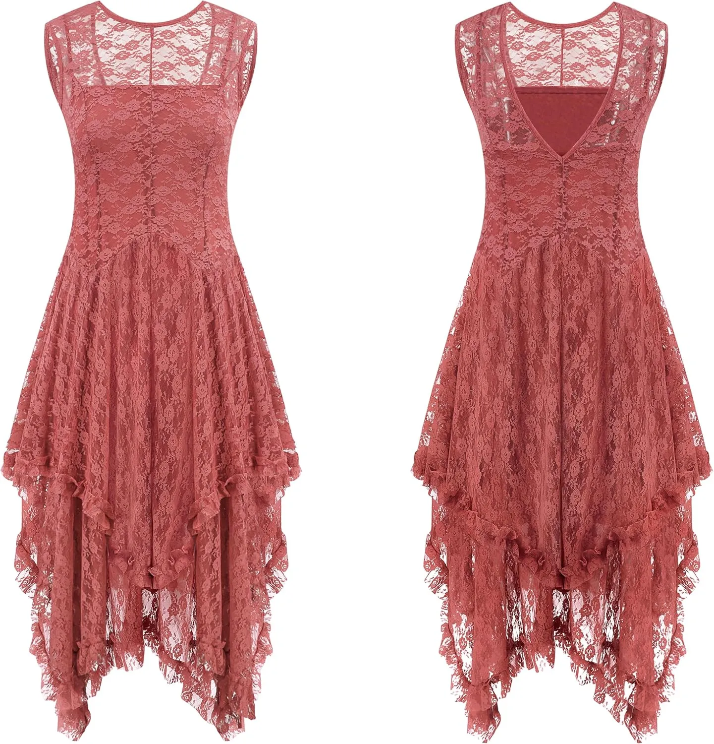 R.Vivimos Womens Sleeveless Backless Asymmetrical Layered Lace Long Dress with Slip Two Pieces