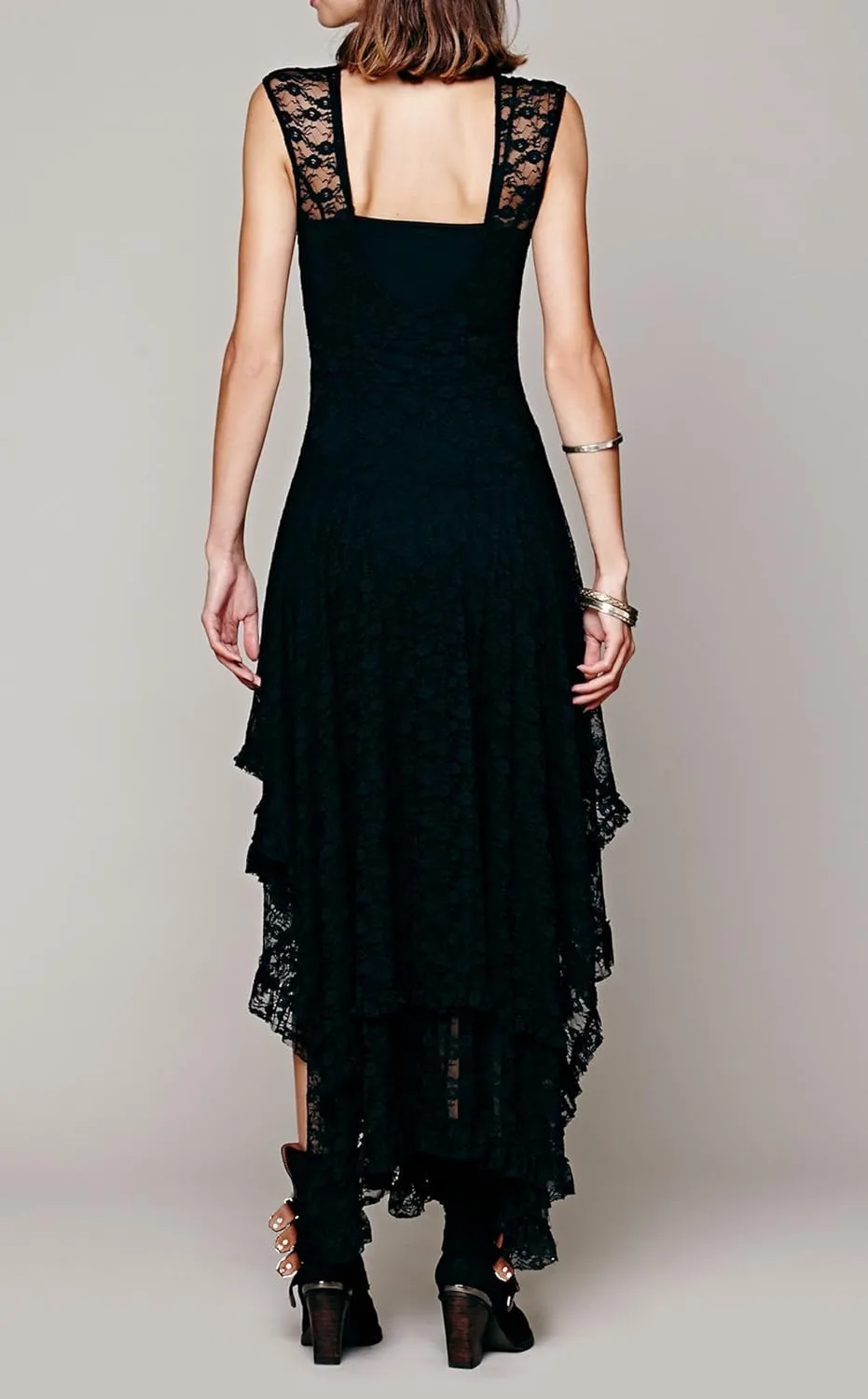R.Vivimos Womens Sleeveless Backless Asymmetrical Layered Lace Long Dress with Slip Two Pieces