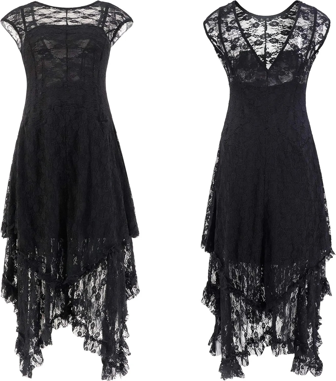 R.Vivimos Womens Sleeveless Backless Asymmetrical Layered Lace Long Dress with Slip Two Pieces