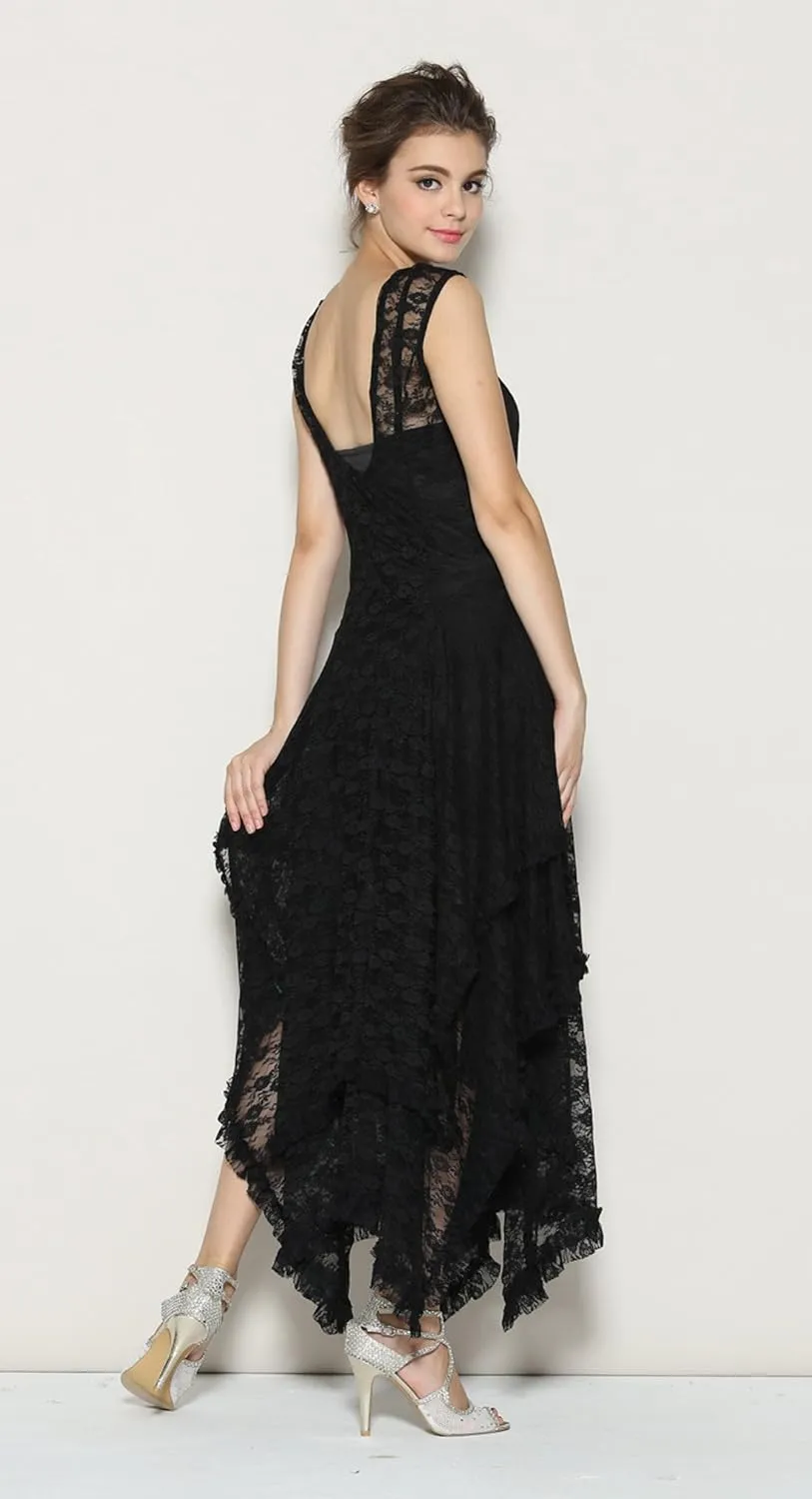 R.Vivimos Womens Sleeveless Backless Asymmetrical Layered Lace Long Dress with Slip Two Pieces