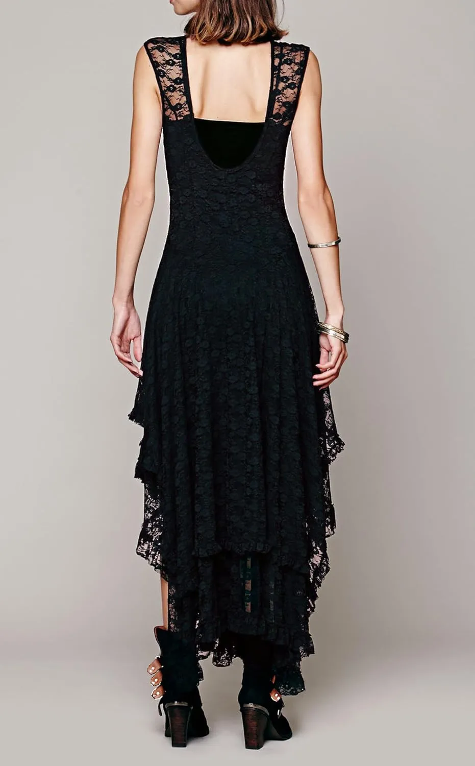 R.Vivimos Womens Sleeveless Backless Asymmetrical Layered Lace Long Dress with Slip Two Pieces