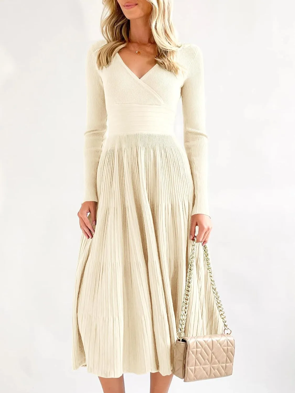 Saodimallsu Womens Long Sleeve Midi Sweater Dress Wrap V Neck Pleated A Line Fit Flare Elegant Knit Maxi Dress
