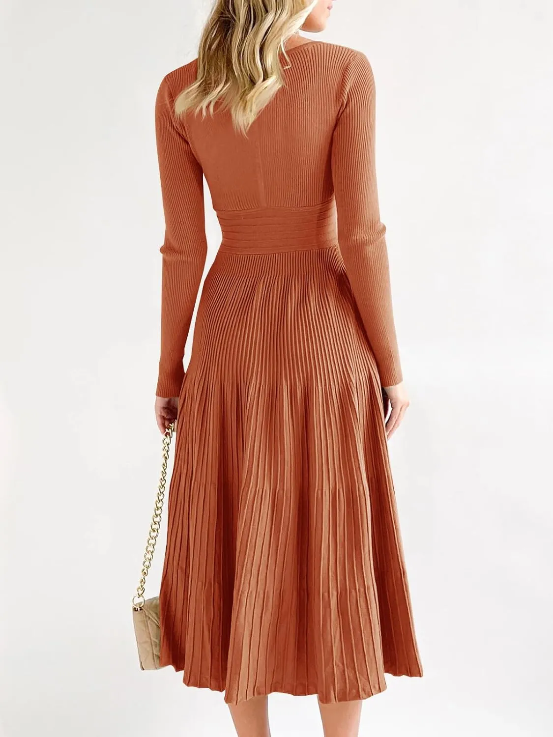 Saodimallsu Womens Long Sleeve Midi Sweater Dress Wrap V Neck Pleated A Line Fit Flare Elegant Knit Maxi Dress