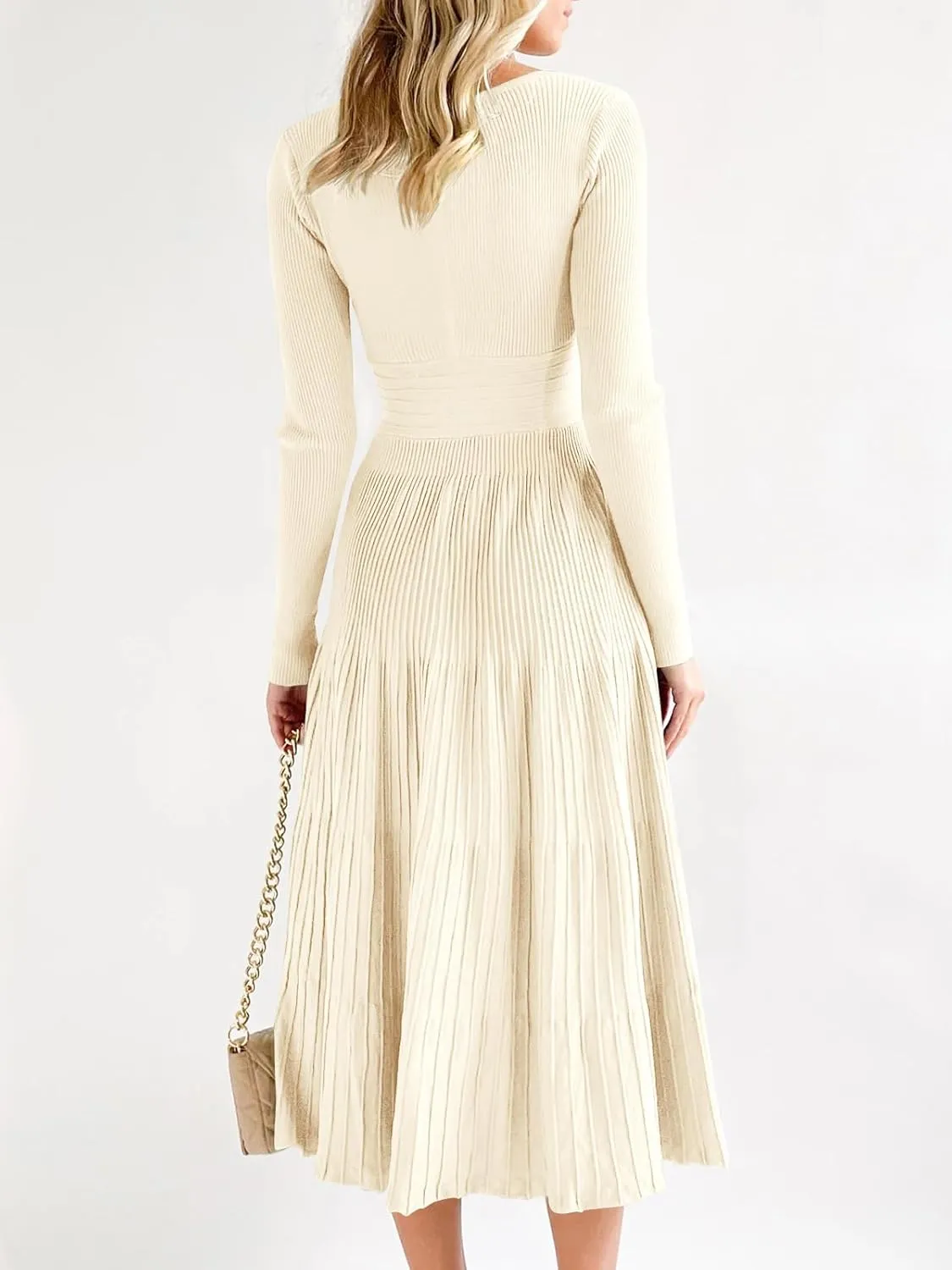 Saodimallsu Womens Long Sleeve Midi Sweater Dress Wrap V Neck Pleated A Line Fit Flare Elegant Knit Maxi Dress