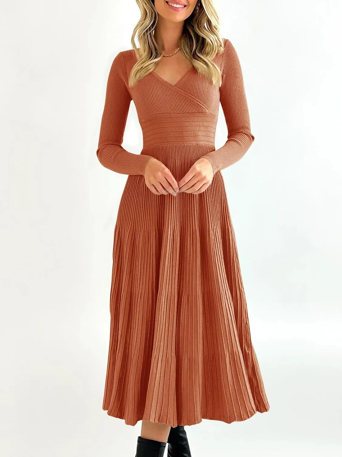 Saodimallsu Womens Long Sleeve Midi Sweater Dress Wrap V Neck Pleated A Line Fit Flare Elegant Knit Maxi Dress