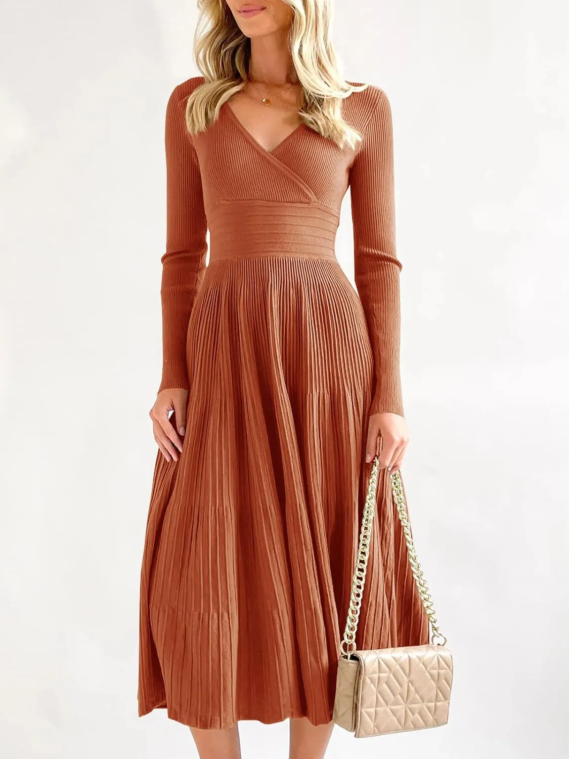 Saodimallsu Womens Long Sleeve Midi Sweater Dress Wrap V Neck Pleated A Line Fit Flare Elegant Knit Maxi Dress