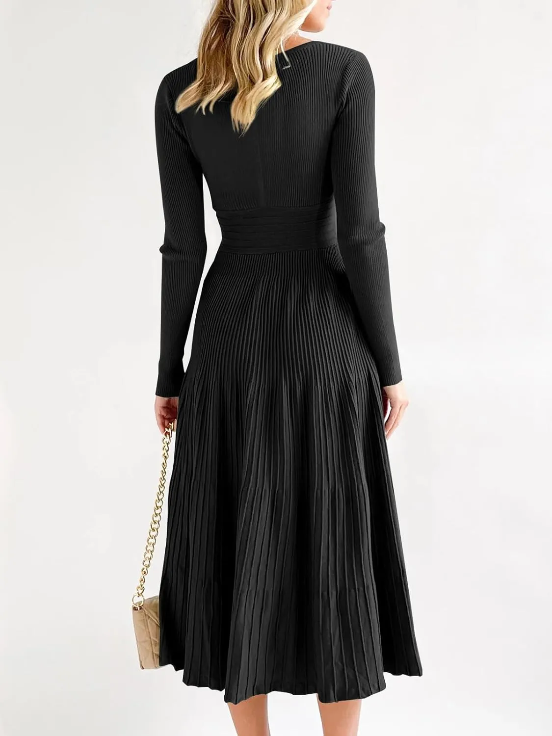 Saodimallsu Womens Long Sleeve Midi Sweater Dress Wrap V Neck Pleated A Line Fit Flare Elegant Knit Maxi Dress