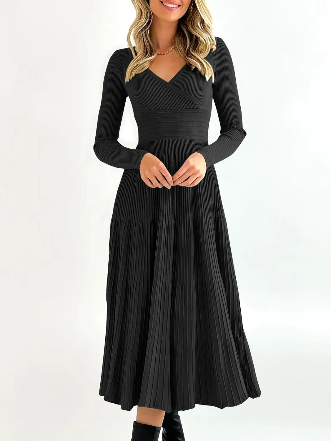 Saodimallsu Womens Long Sleeve Midi Sweater Dress Wrap V Neck Pleated A Line Fit Flare Elegant Knit Maxi Dress