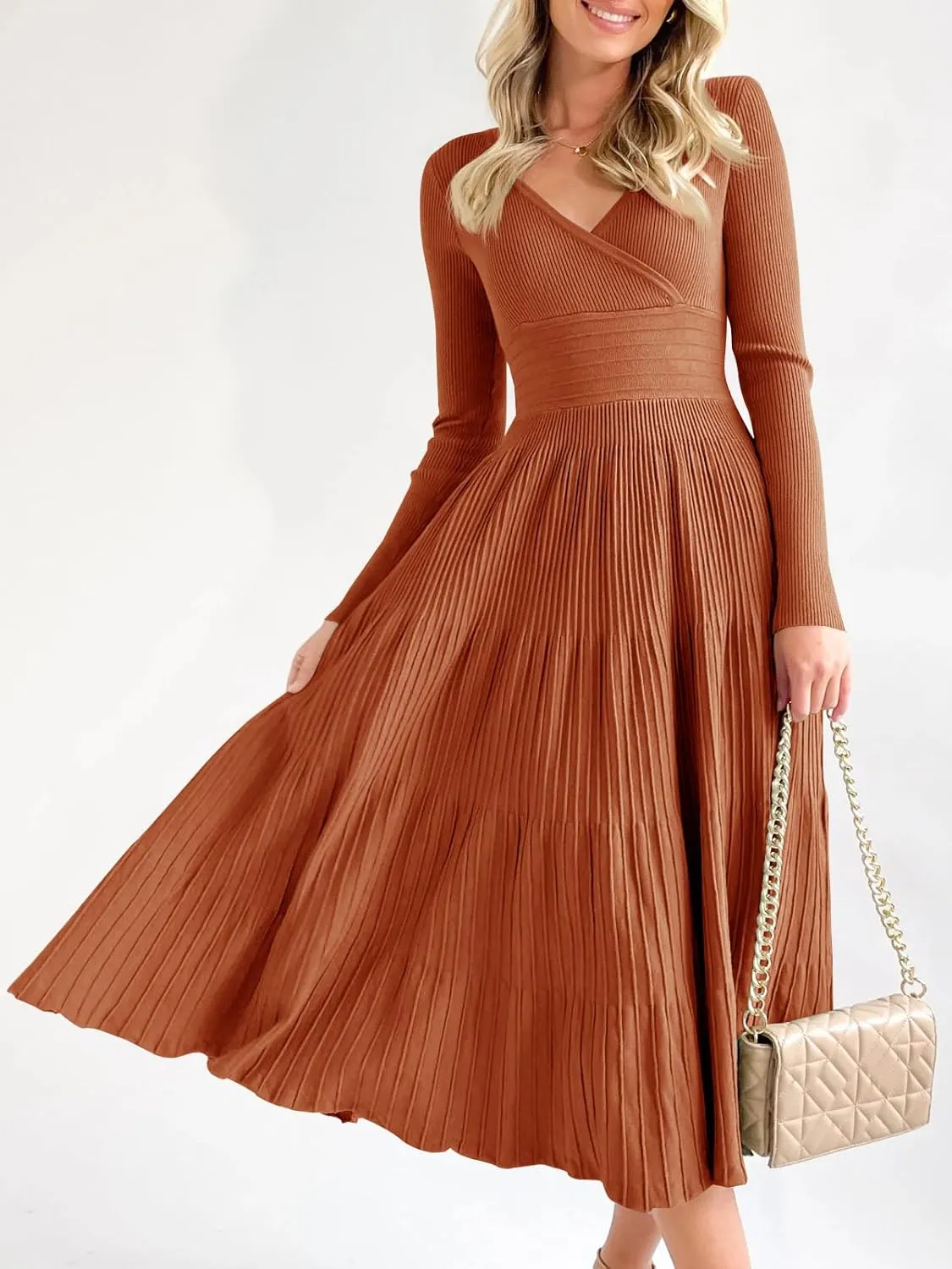Saodimallsu Womens Long Sleeve Midi Sweater Dress Wrap V Neck Pleated A Line Fit Flare Elegant Knit Maxi Dress