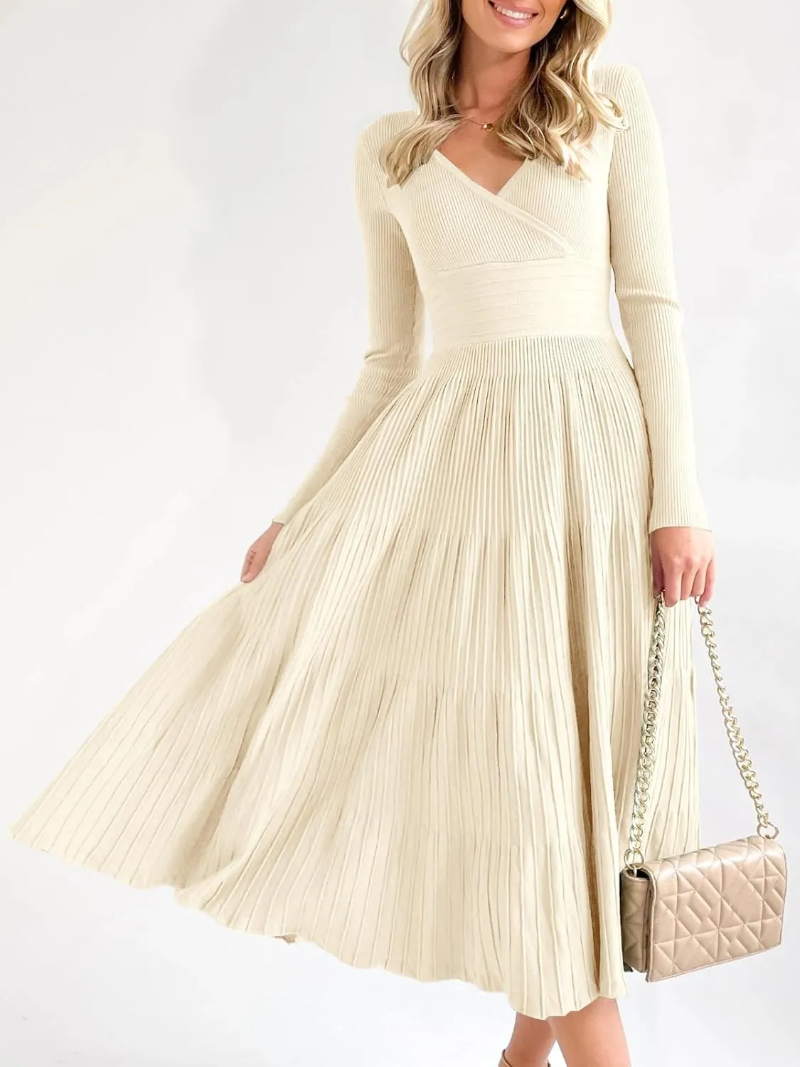 Saodimallsu Womens Long Sleeve Midi Sweater Dress Wrap V Neck Pleated A Line Fit Flare Elegant Knit Maxi Dress