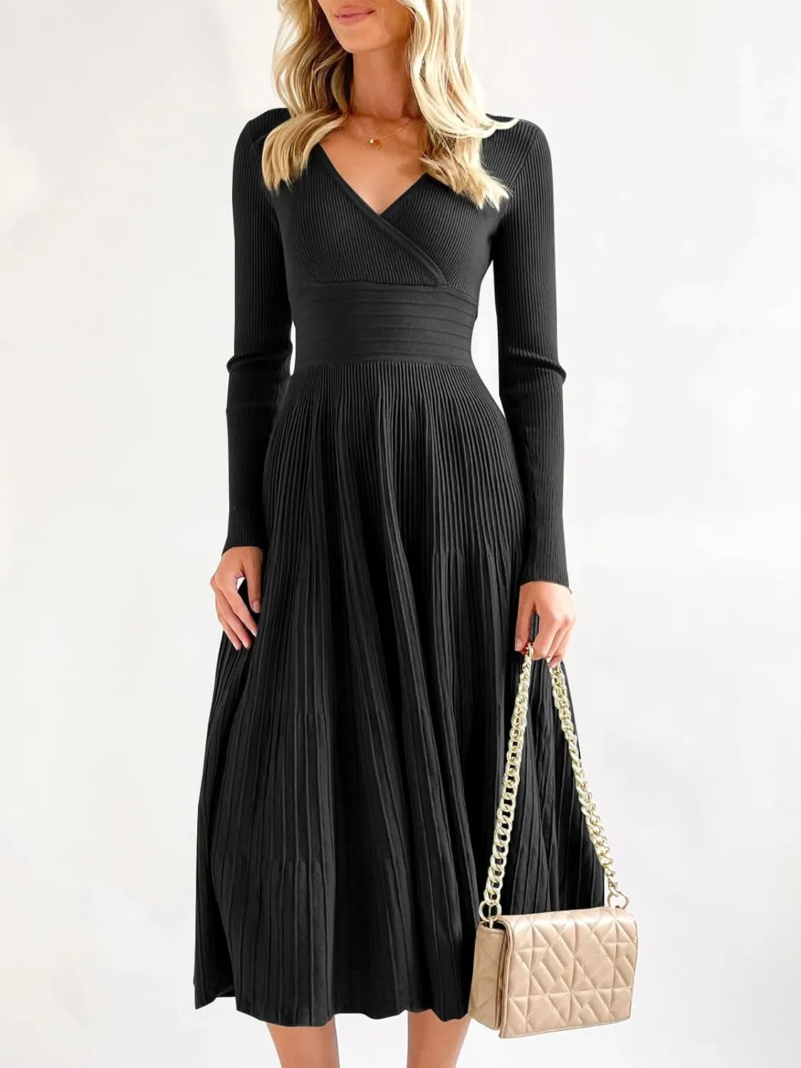 Saodimallsu Womens Long Sleeve Midi Sweater Dress Wrap V Neck Pleated A Line Fit Flare Elegant Knit Maxi Dress