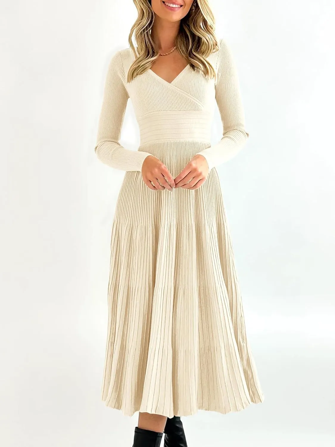Saodimallsu Womens Long Sleeve Midi Sweater Dress Wrap V Neck Pleated A Line Fit Flare Elegant Knit Maxi Dress