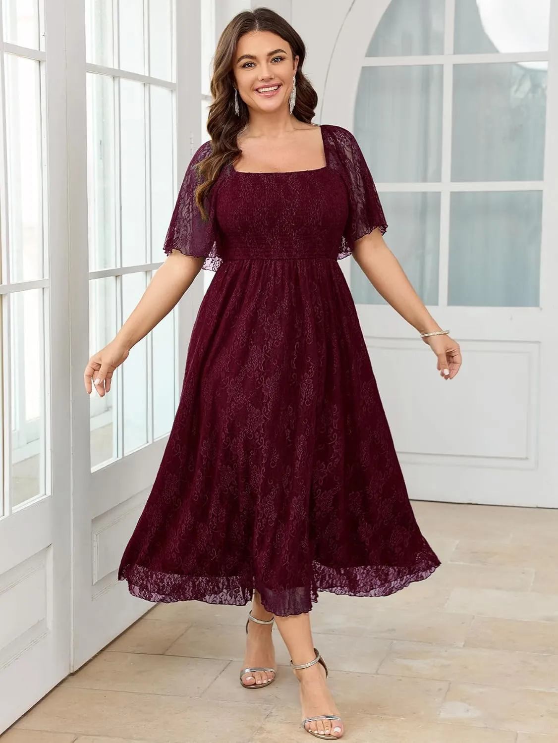 SCOMCHIC Women's Plus Size Wedding Guest Dress Formal Lace Square Neck Short Sleeve Smocked Flowy Cocktail Maxi Dresses